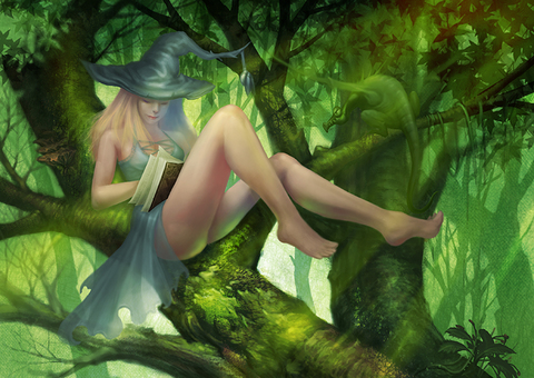 reading,witch,tree,forest,sunshine