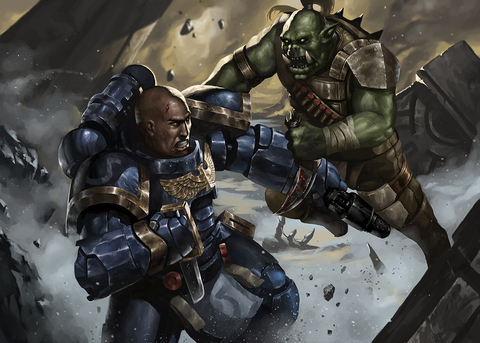 A Space Marine fighting an Ork