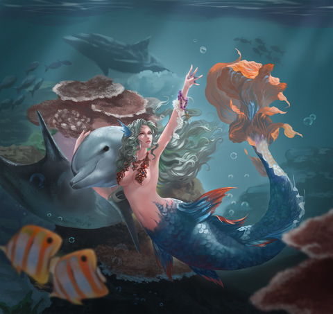 海底世界和海豚玩的人魚公主