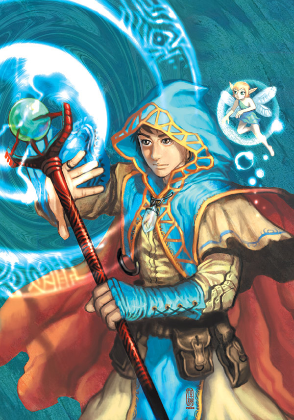 小說封面，生命。元素魔法師，身邊有一隻小精靈~~