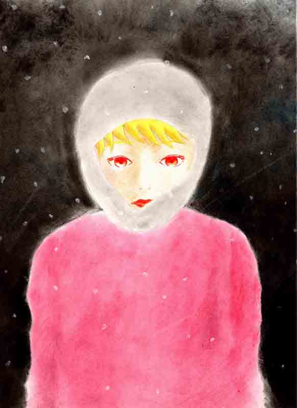 吳宜勳：黑夜雪中的少女：粉彩繪製 ~~ 