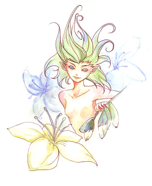 [M]organ：花精：構圖沒花太多心思，主要是練習花朵和上色..（但精靈有點喧賓奪主的感覺）使用水彩筆推開水性色鉛筆筆頭的顏