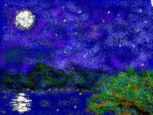月色:湛然瀅月分外明，紫雲飄邈映約影。樹影斜搖簫聲遠，湖月微晃似輕吟。小畫家+滑鼠...忘了畫山的倒影^^"