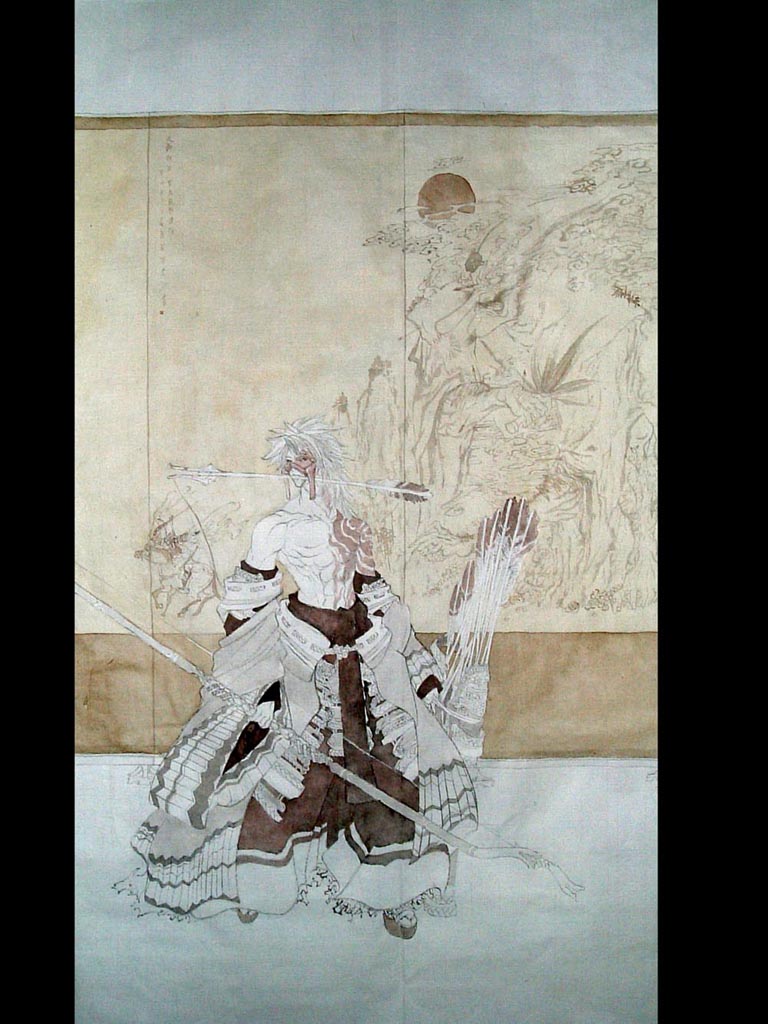 天狗蝕日早在之前就想畫類似「百鬼夜行抄」之類的魔幻題材了~也因為這樣這張畫就這樣出來嚕!而主角拿的弓跟背後的屏風是有關聯的唷~而