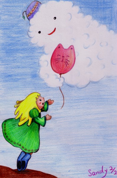 咦~氣球飛走了：啊~氣球隨著風漂走了他要飄到哪裡去呢快去追原來是調皮的雲悄悄的帶走囉