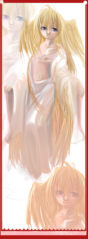大天使：一樣的還是只能畫出漫畫的我畫了一張以天使為主題的圖~這個天使中性的(?)左胸被削了個疤是個命運多舛的孩子~我愛悲劇~(