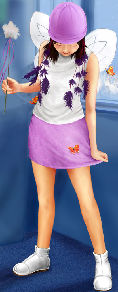 小飛蝶全身版：換上了紫色小帽子，紫色小裙子，白色小鞋子........... 畫完之後，自己都覺得；實在是可愛到不行，....
